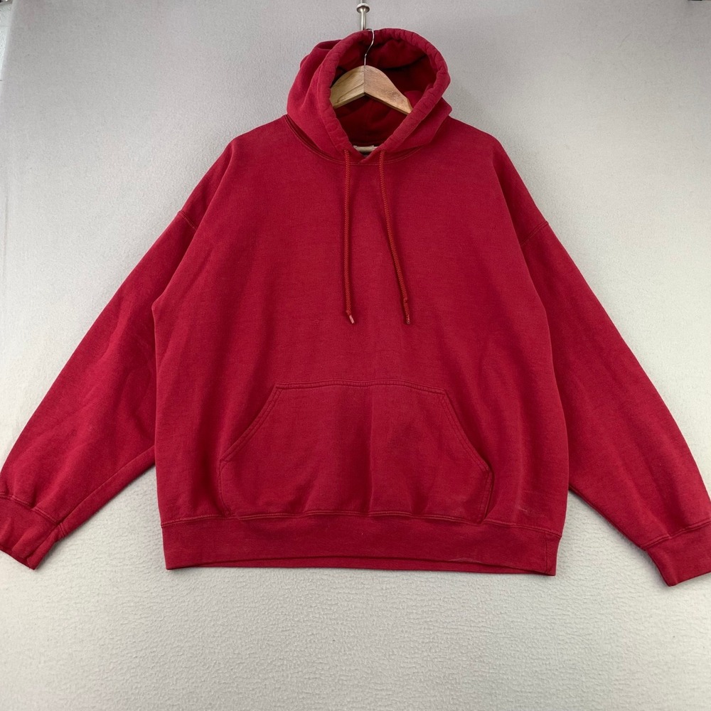 Vintage Blank Terry Fleece Hoodie Mens XL Red Heavyweight Gildan Y2K Skate Faded
